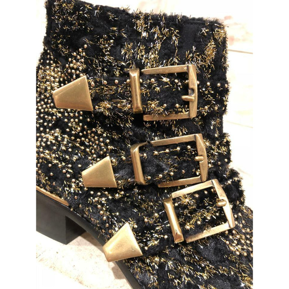 Chloe Suzanna Black Gold Velvet Coupe Studded Short Zipper Ankle Heel Bootie 37 - Picture 5 of 12